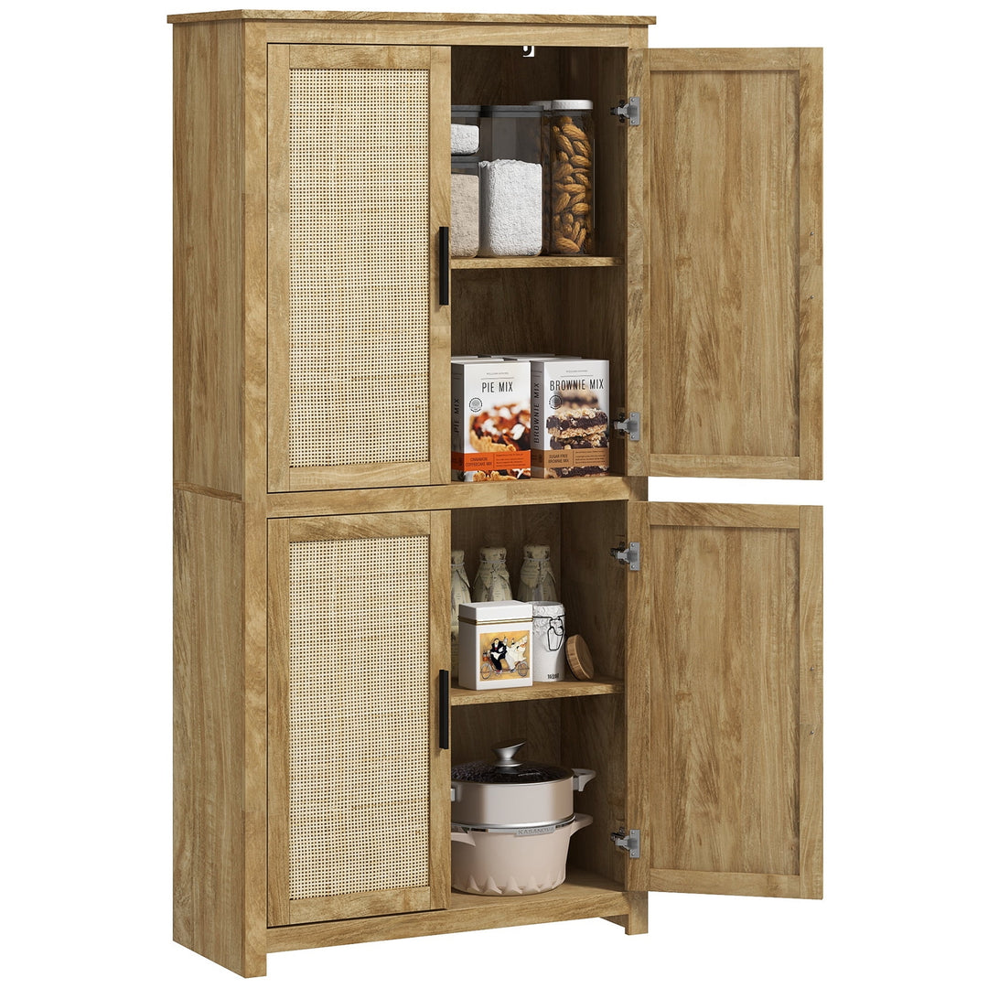 Hommoo 64" Rattan Kitchen Storage Cabinet with Adjustable Shelf, Storage Cabinet for Living Room, Kitchen, Natural Image 3