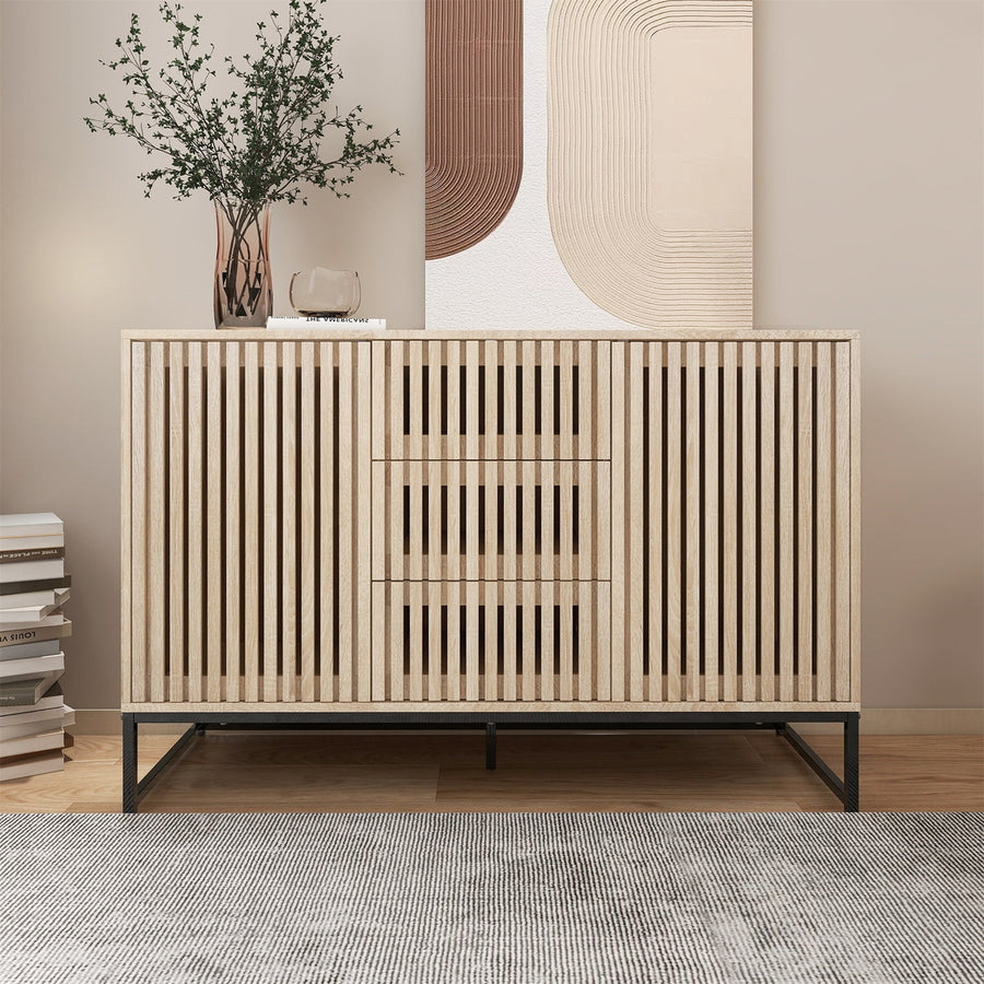 Hommoo Sideboard Cabinet, Accent Storage Cabinet with 3 Drawer, 3 Door Cabinet Suitable for Living Room, Natural Image 1