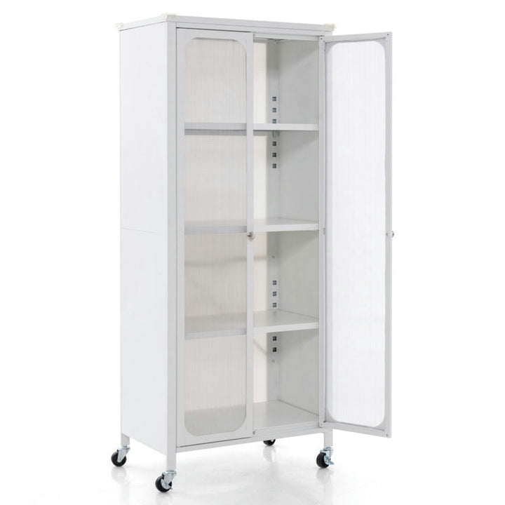 Hommoo Glass Doors Storage Cabinet with Wheels and Adjustable Shelves-White, Organizer Hallway Entryway Cabinet for Image 1