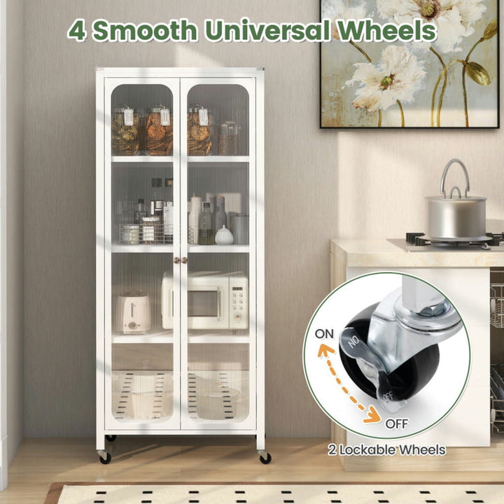 Hommoo Glass Doors Storage Cabinet with Wheels and Adjustable Shelves-White, Organizer Hallway Entryway Cabinet for Image 2