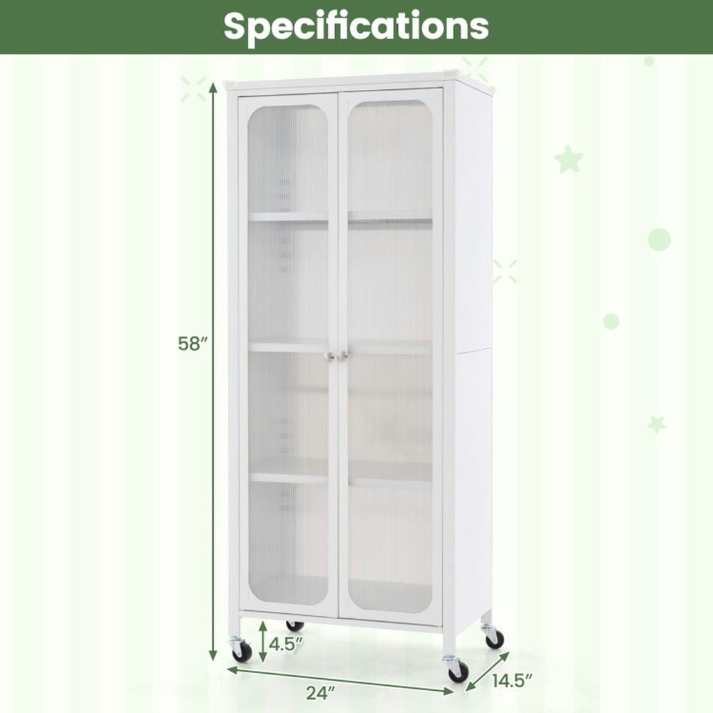 Hommoo Glass Doors Storage Cabinet with Wheels and Adjustable Shelves-White, Organizer Hallway Entryway Cabinet for Image 5