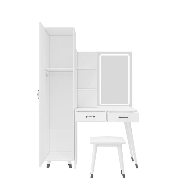 Hommoo White Makeup Vanity with Sliding Lighted Mirror, Wardrobe, Power Outlet for Bedroom Image 2