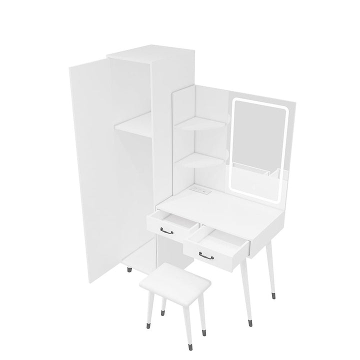 Hommoo White Makeup Vanity with Sliding Lighted Mirror, Wardrobe, Power Outlet for Bedroom Image 4