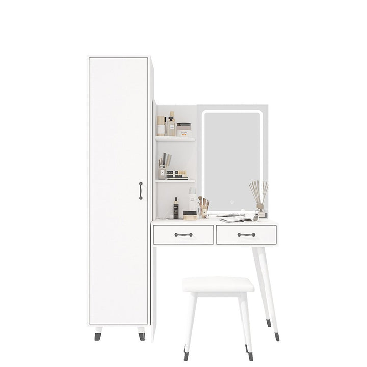 Hommoo White Makeup Vanity with Sliding Lighted Mirror, Wardrobe, Power Outlet for Bedroom Image 6