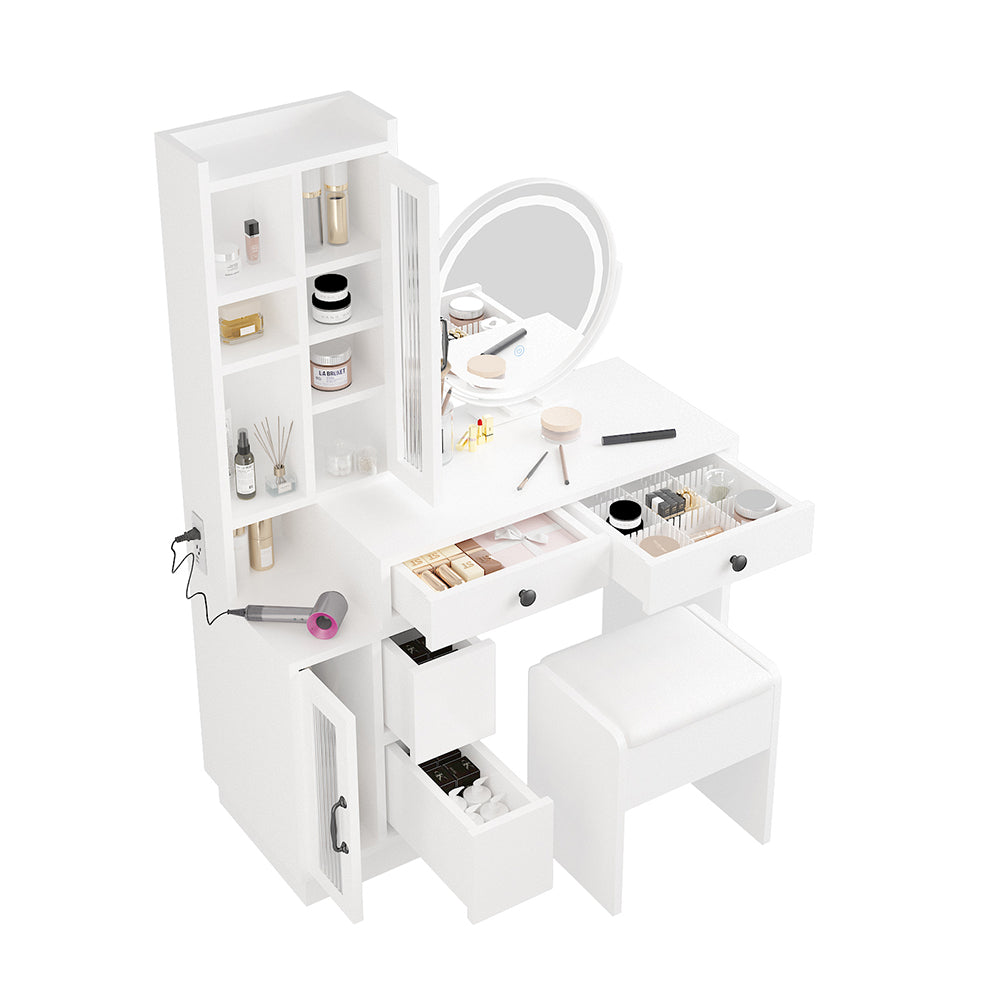 Hommoo Vanity Desk with Mirror and Lights, Makeup Vanity Table with Power Outlet, Drawers, Vanity Table Set Dressing Image 2