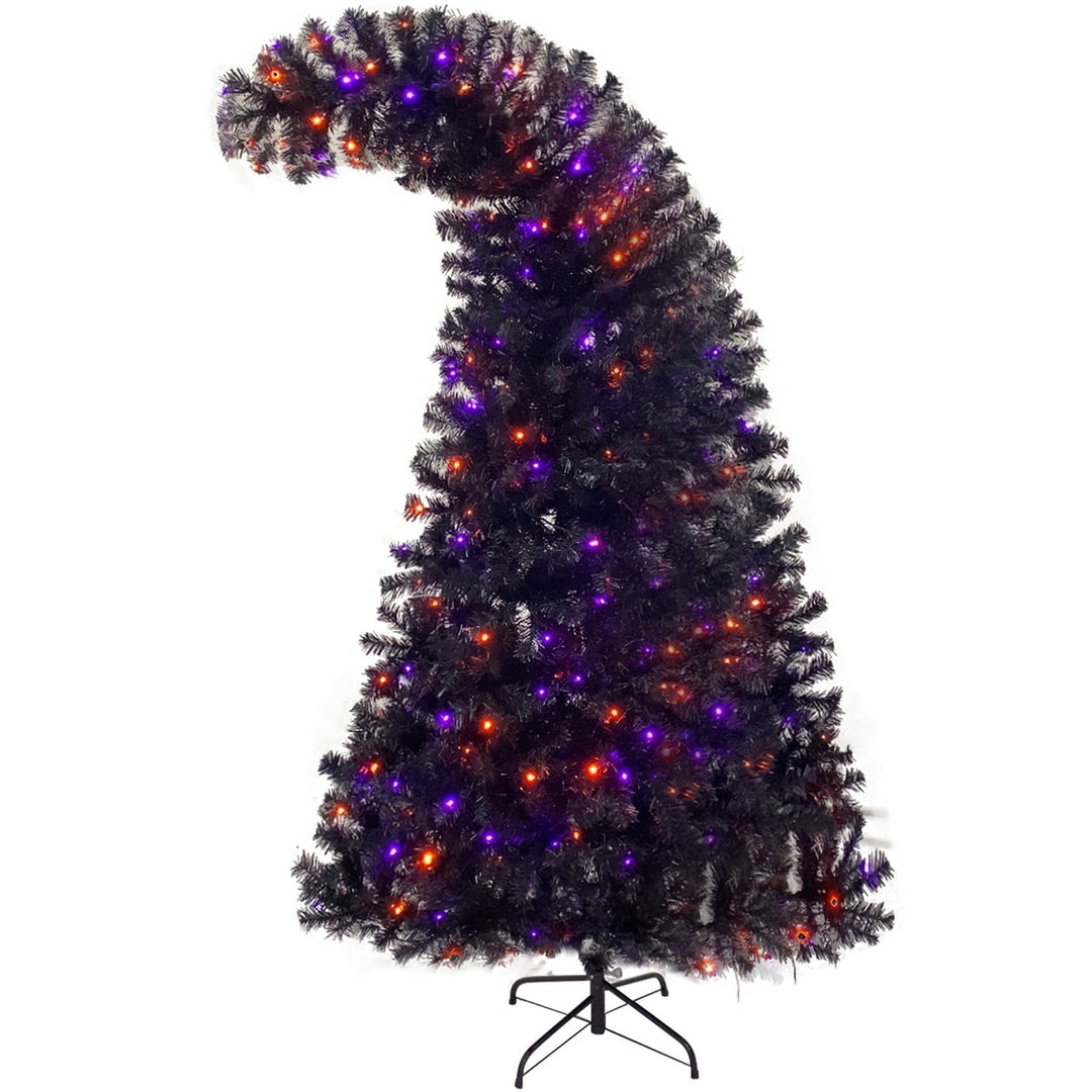 Hommoo 6FT Grinch Style Bent Top Fir Hinged Pre-lit Black Christmas Tree for Holiday Decoration Image 1