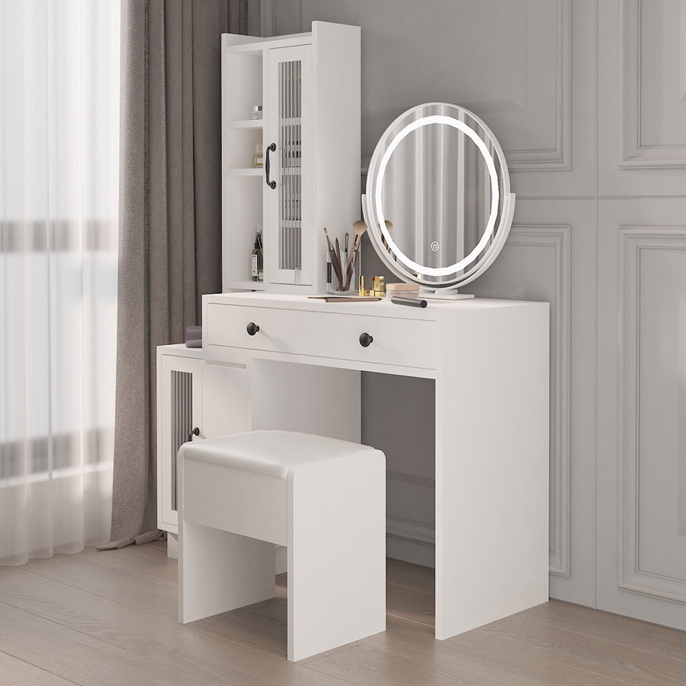 Hommoo Vanity Desk with Mirror and Lights, Makeup Vanity Table with Power Outlet, Drawers, Vanity Table Set Dressing Image 3