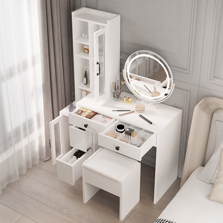 Hommoo Vanity Desk with Mirror and Lights, Makeup Vanity Table with Power Outlet, Drawers, Vanity Table Set Dressing Image 4