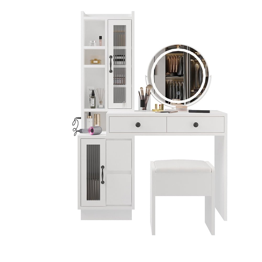 Hommoo Vanity Desk with Mirror and Lights, Makeup Vanity Table with Power Outlet, Drawers, Vanity Table Set Dressing Image 5