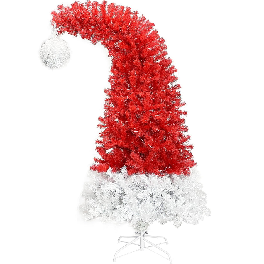 Hommoo 6FT Santa Hat Style Bent Top Fir Hinged Pre-lit Red Christmas Tree for Holiday Decoration Image 1