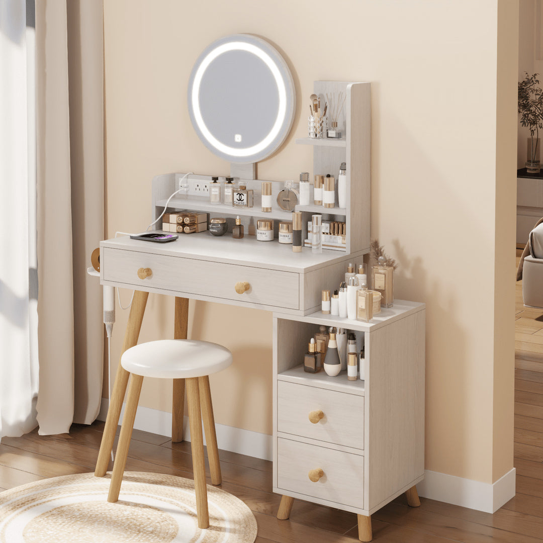 Hommoo Vanity Desk with Cushioned Bench, Power Outlet, 3-color Round Makeup Mirror with Lights White Oak Image 3