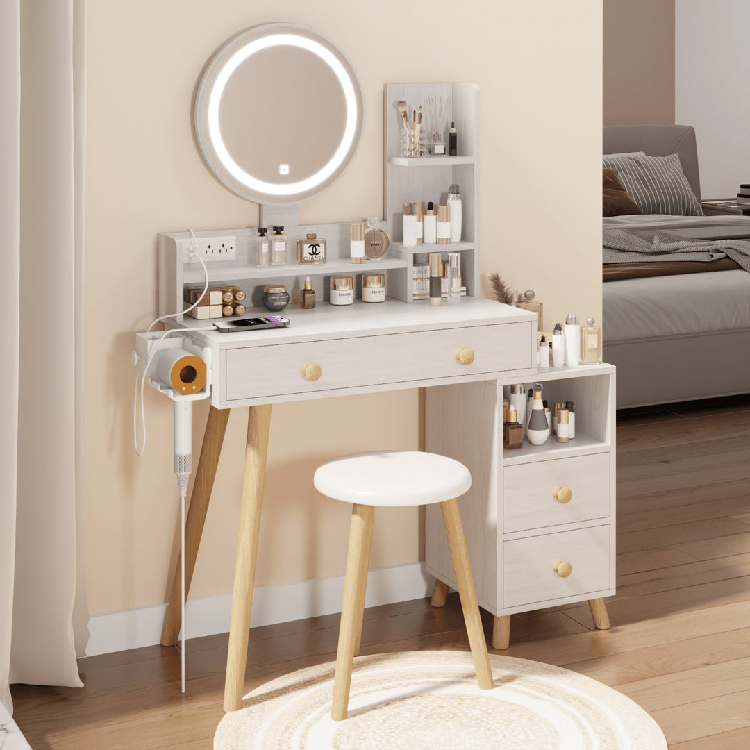 Hommoo Vanity Desk with Cushioned Bench, Power Outlet, 3-color Round Makeup Mirror with Lights White Oak Image 6