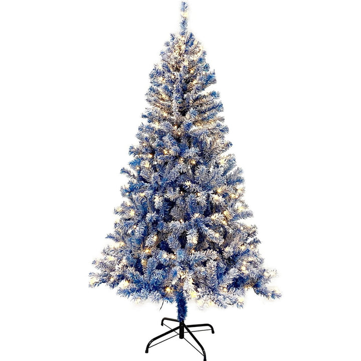 Hommoo 6FT Snow Flocked Fir Hinged Pre-lit Blue Christmas Tree for Holiday Decoration Image 1