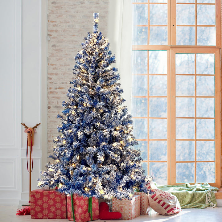 Hommoo 6FT Snow Flocked Fir Hinged Pre-lit Blue Christmas Tree for Holiday Decoration Image 2