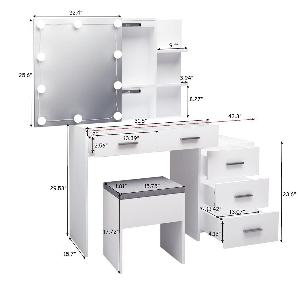 Hommoo Makeup Vanity with Mirror and 10LED Lights Vanity Desk Chair Set with 5 Drawers White Image 5