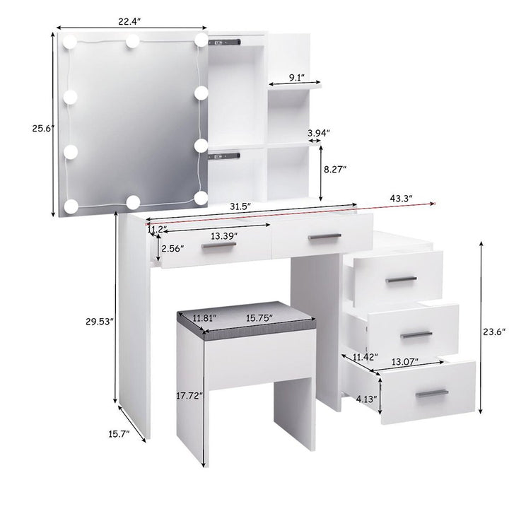 Hommoo Makeup Vanity with Mirror and 10LED Lights Vanity Desk Chair Set with 5 Drawers White Image 5