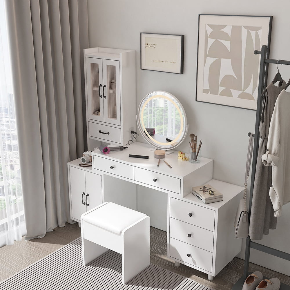 Hommoo Bedroom Makeup Table Vanity Desk Dressing Table with DrawersandCabinetand Power Outlet White Image 2