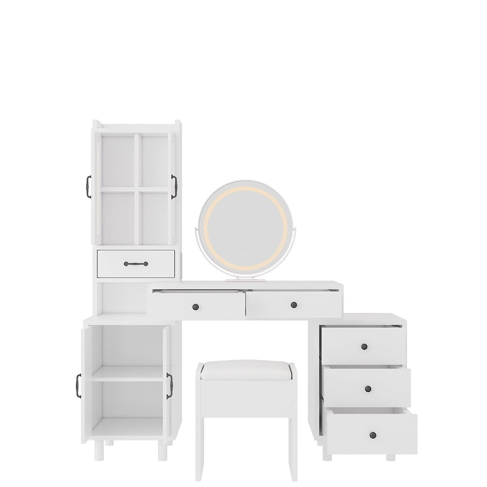 Hommoo Bedroom Makeup Table Vanity Desk Dressing Table with DrawersandCabinetand Power Outlet White Image 5