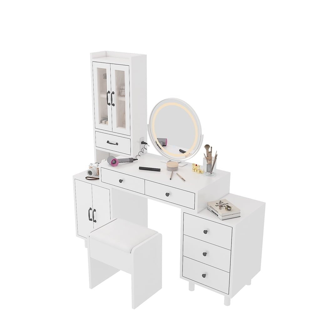 Hommoo Bedroom Makeup Table Vanity Desk Dressing Table with DrawersandCabinetand Power Outlet White Image 7