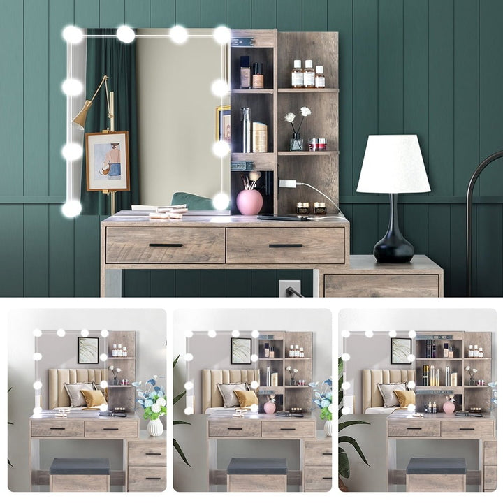 Hommoo Makeup Vanity with Mirror and 10LED Lights Vanity Desk Chair Set with 5 Drawers Brown Image 3