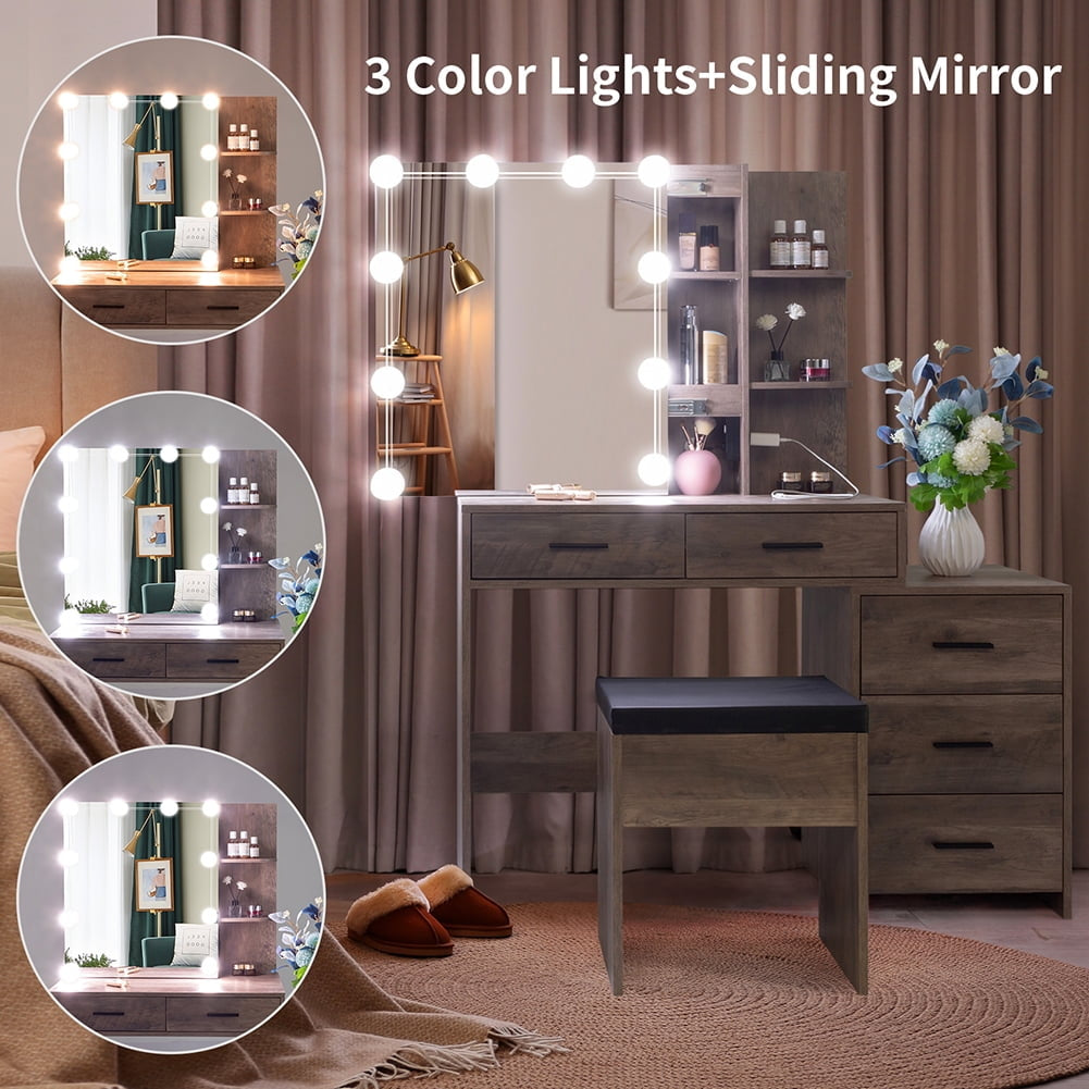 Hommoo Makeup Vanity with Mirror and 10LED Lights Vanity Desk Chair Set with 5 Drawers Brown Image 5