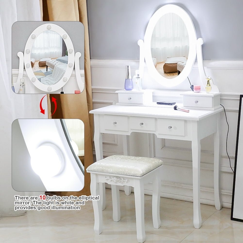 Hommoo Vanity Table with Light Bulb, Makeup Desk with Mirror and 5 Drawers Image 1