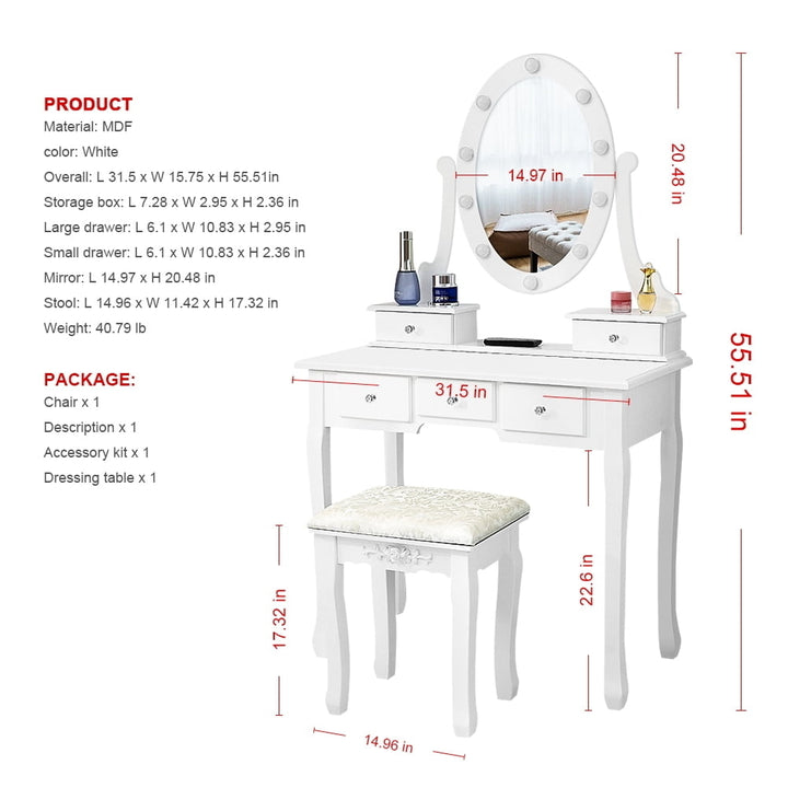 Hommoo Vanity Table with Light Bulb, Makeup Desk with Mirror and 5 Drawers Image 4