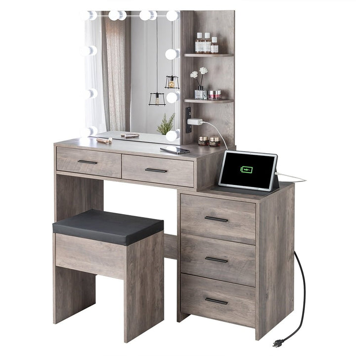 Hommoo Makeup Vanity with Mirror and 10LED Lights Vanity Desk Chair Set with 5 Drawers Brown Image 7