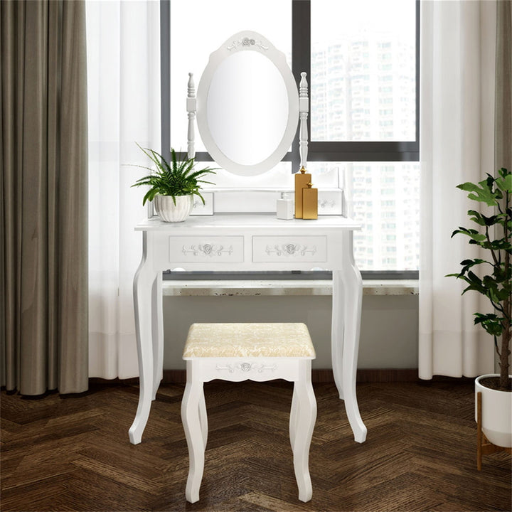 Hommoo Vanity Desk with Lighted Mirror, Dresser Table Set, Vanity Table and Chair Set with 4 Drawer, White Image 1