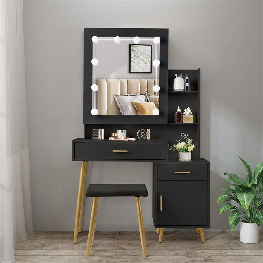 Hommoo Vanity Desk Set with Mirror and Lights, Makeup Dressing Table for Bedroom, Black Image 1