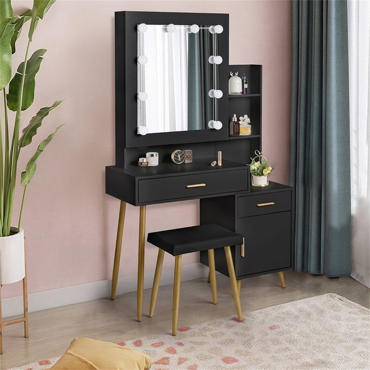 Hommoo Vanity Desk Set with Mirror and Lights, Makeup Dressing Table for Bedroom, Black Image 2