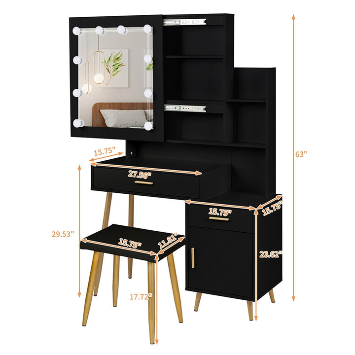 Hommoo Vanity Desk Set with Mirror and Lights, Makeup Dressing Table for Bedroom, Black Image 5