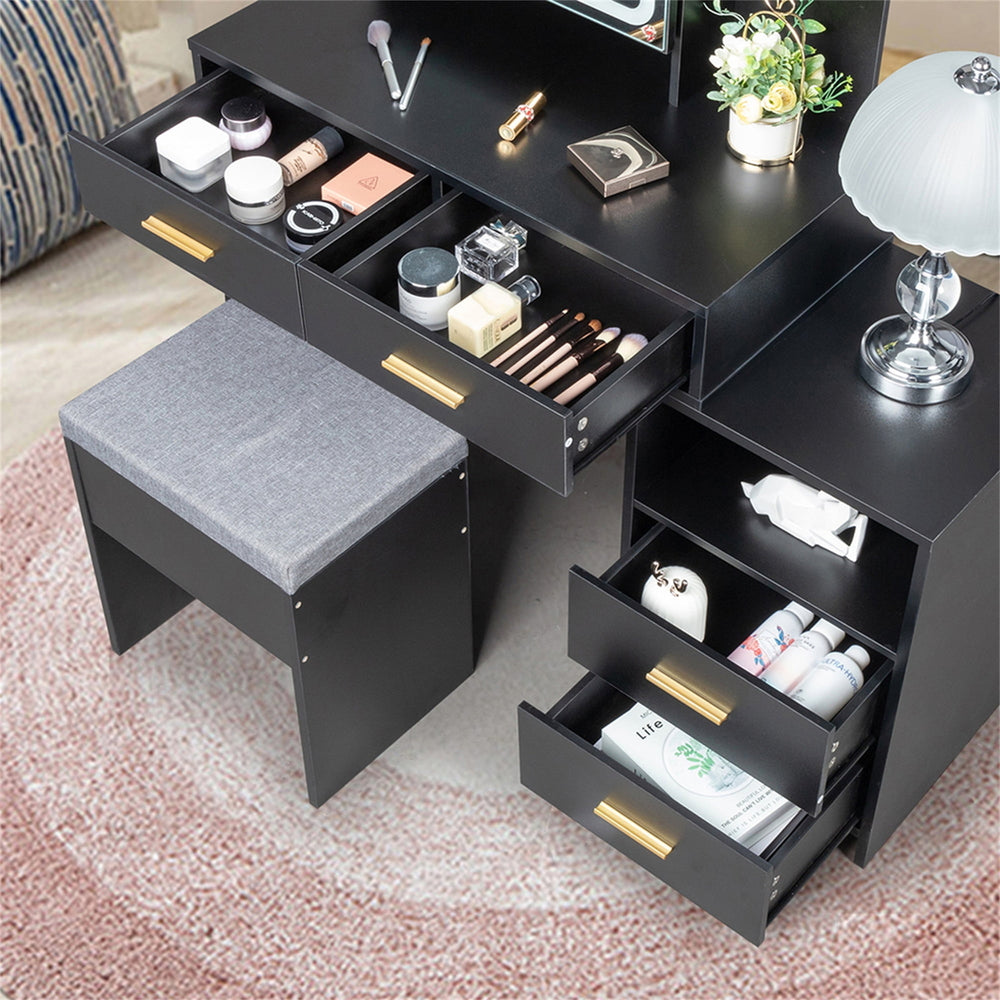 Hommoo Makeup Vanity with 4 Drawers and Mirror, Dressing Table Set Led Three-Tone Light, Black Image 2