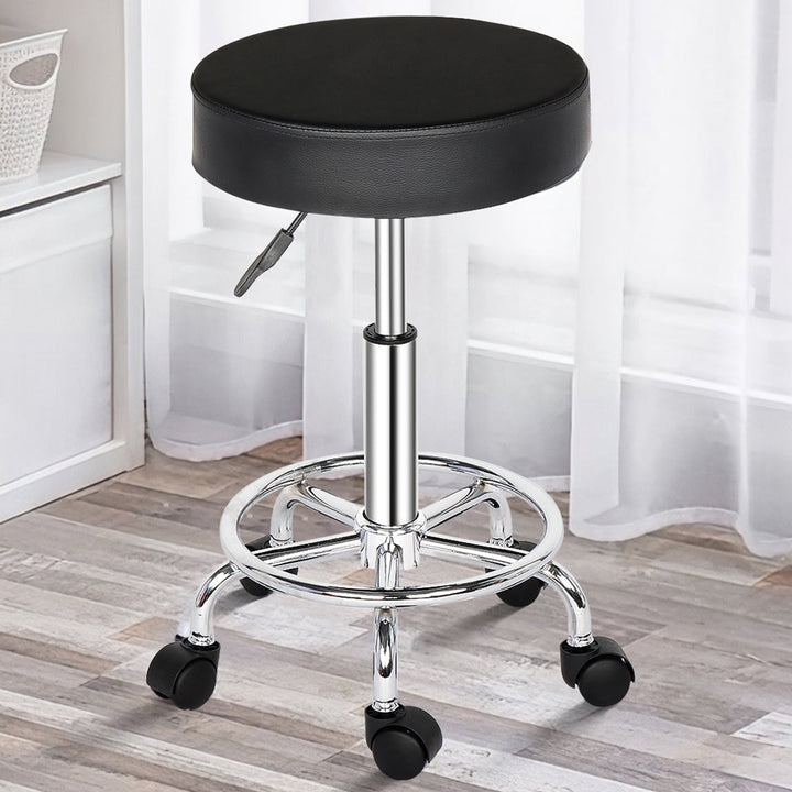 Hommoo Counter Height Bar Stools, Round Stool with Wheels, Adjustable Height Round PU Leather Seat Rolling Stool, Black Image 1