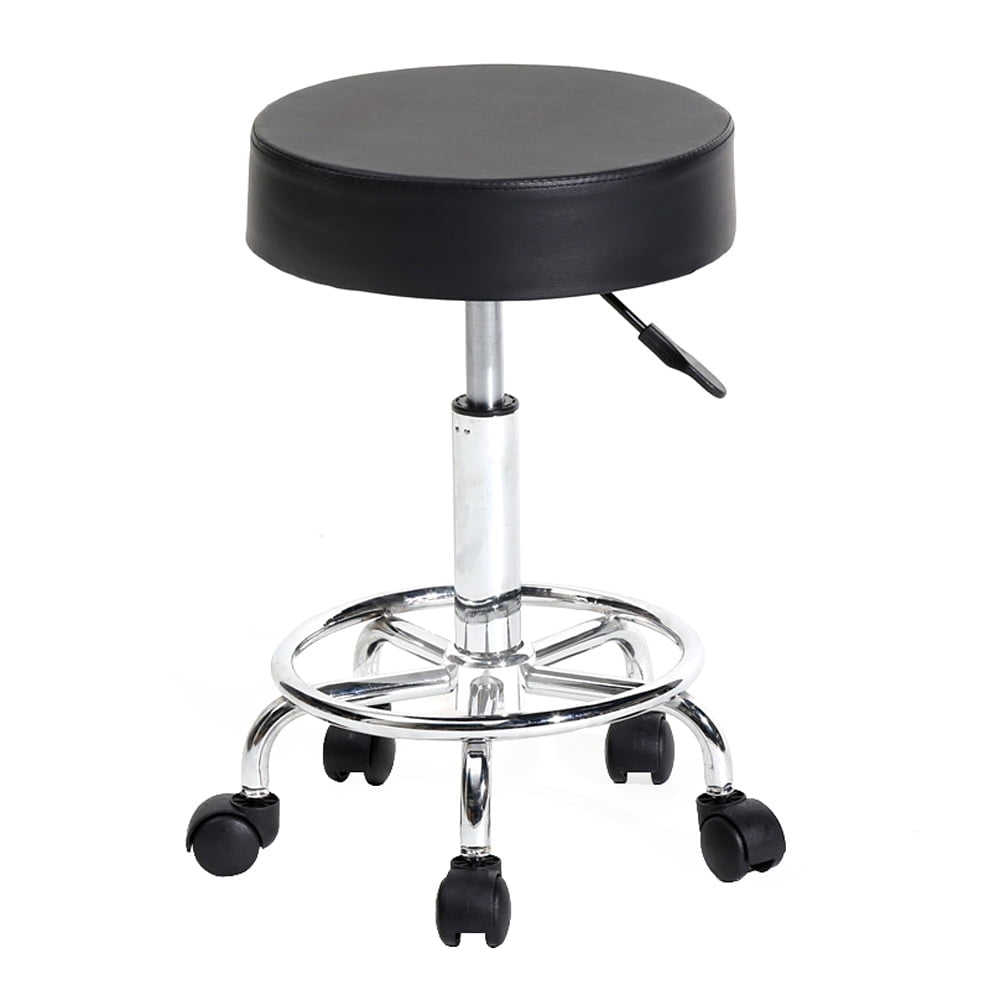 Hommoo Counter Height Bar Stools, Round Stool with Wheels, Adjustable Height Round PU Leather Seat Rolling Stool, Black Image 3