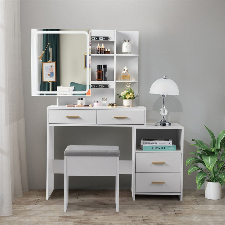 Hommoo Makeup Vanity with 4 Drawers and Mirror, Dressing Table Set Led Three-Tone Light, White Image 1