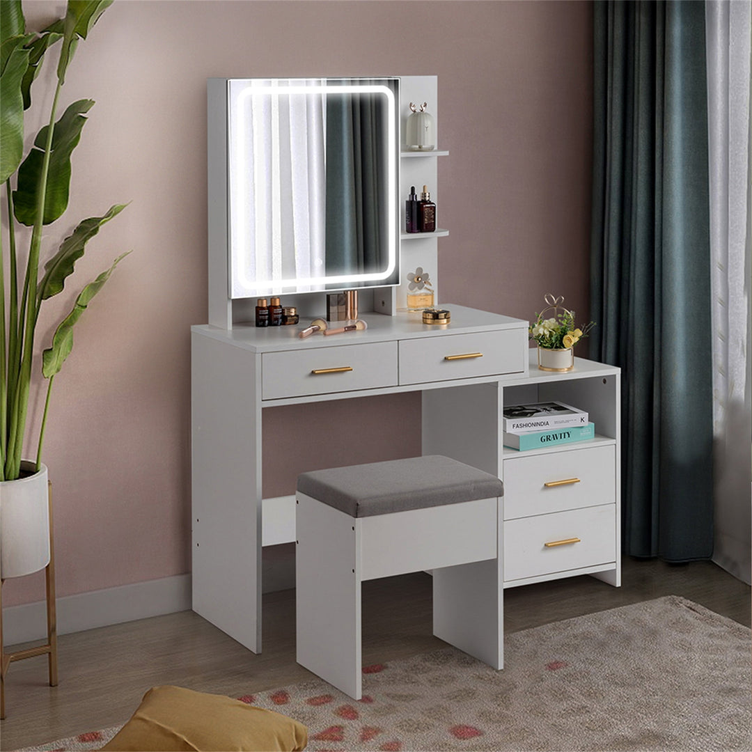 Hommoo Makeup Vanity with 4 Drawers and Mirror, Dressing Table Set Led Three-Tone Light, White Image 5