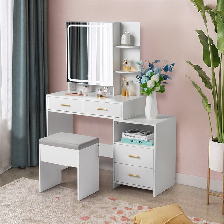 Hommoo Makeup Vanity with 4 Drawers and Mirror, Dressing Table Set Led Three-Tone Light, White Image 6