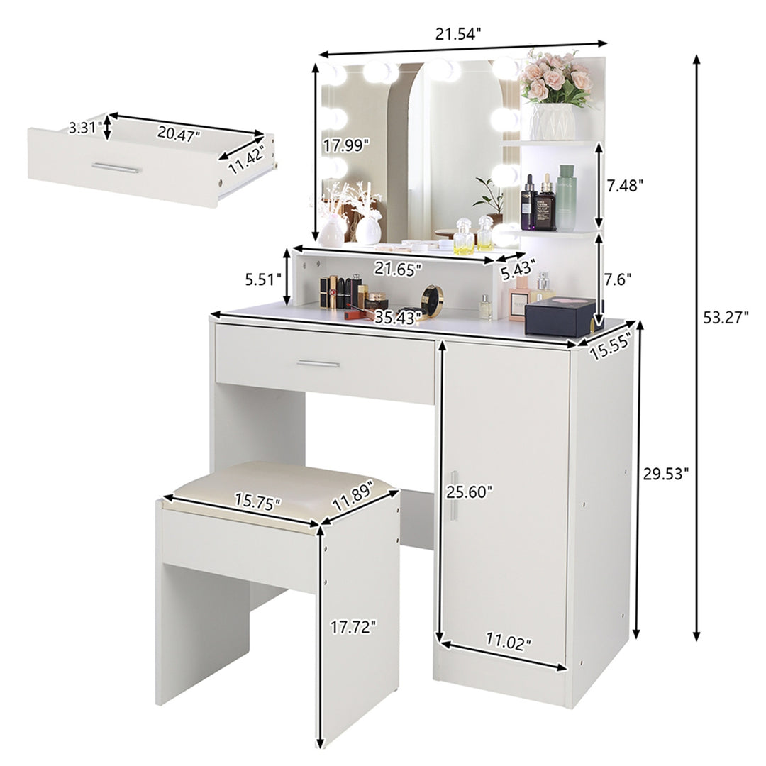 Hommoo Large Vanity Desk Set with 10 LED Bulbs, Makeup Dressing Table with Cushioned Stool for Women, Girls, Bedroom, Image 6