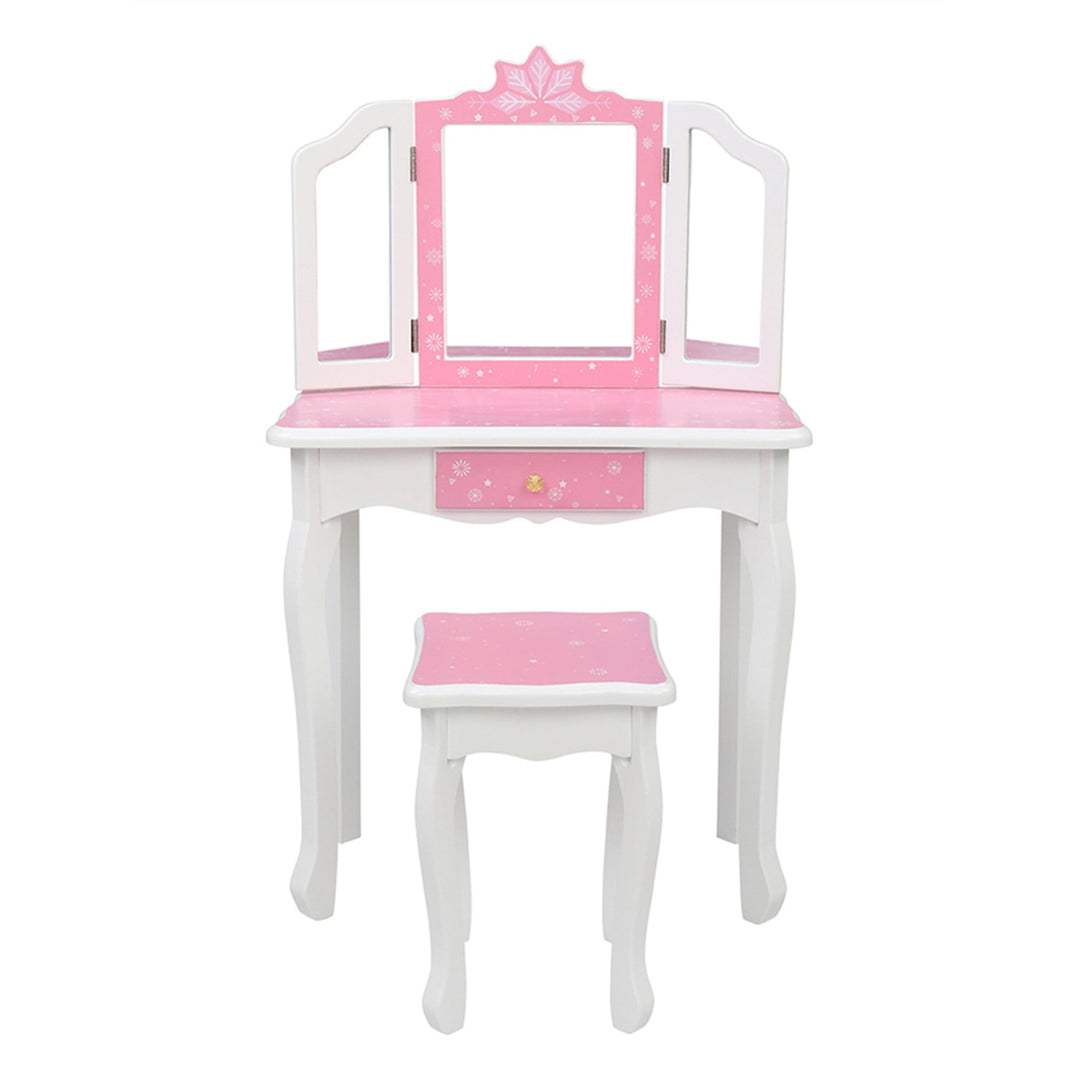 Hommoo Vanity Table and Chair Set, Childrens Wooden Dressing Table Three-Sided Folding Mirror Dressing Table, White Image 1