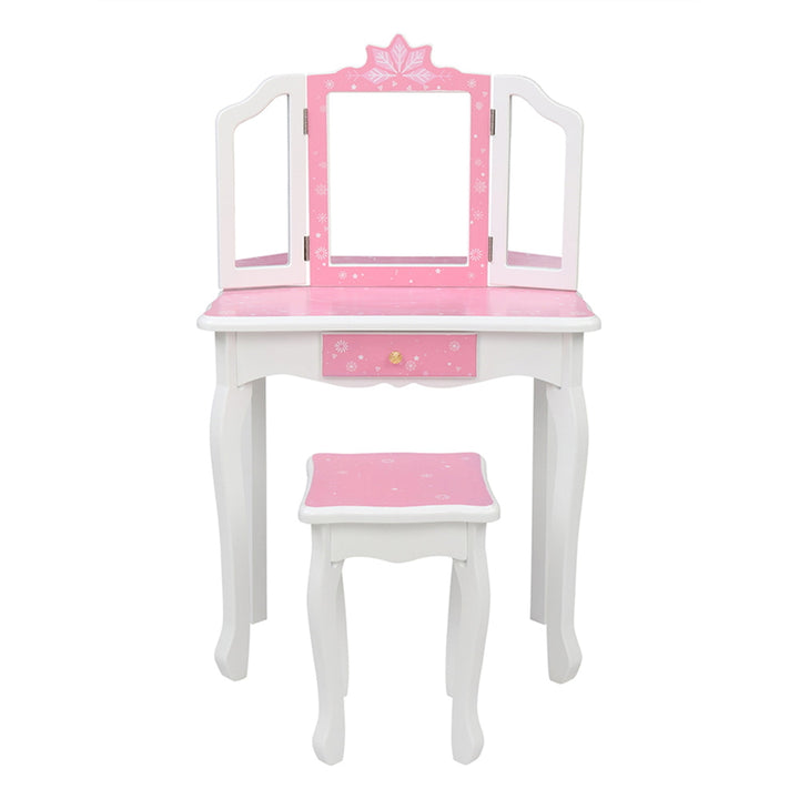 Hommoo Vanity Table and Chair Set, Childrens Wooden Dressing Table Three-Sided Folding Mirror Dressing Table, White Image 1