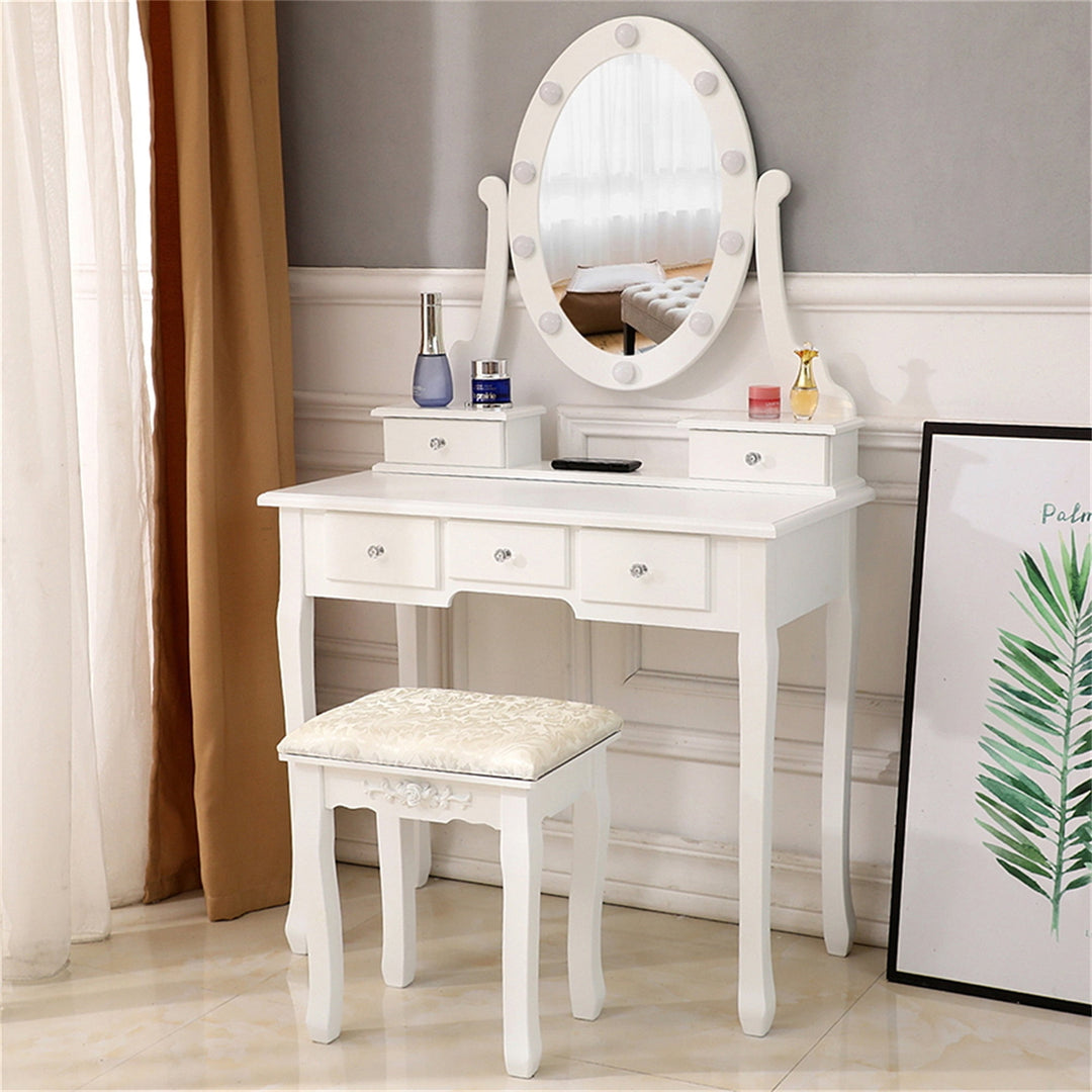 Hommoo Vanity Table and Chair Set with Light Bulb, Make Up Vanity Desk with 5 Drawer, White Image 1