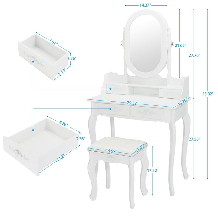 Hommoo Vanity Tables, Jewelry Dressing Table with Single Mirror, Wood Makeup Desk with 2 Drawers and Mirror - White Image 3