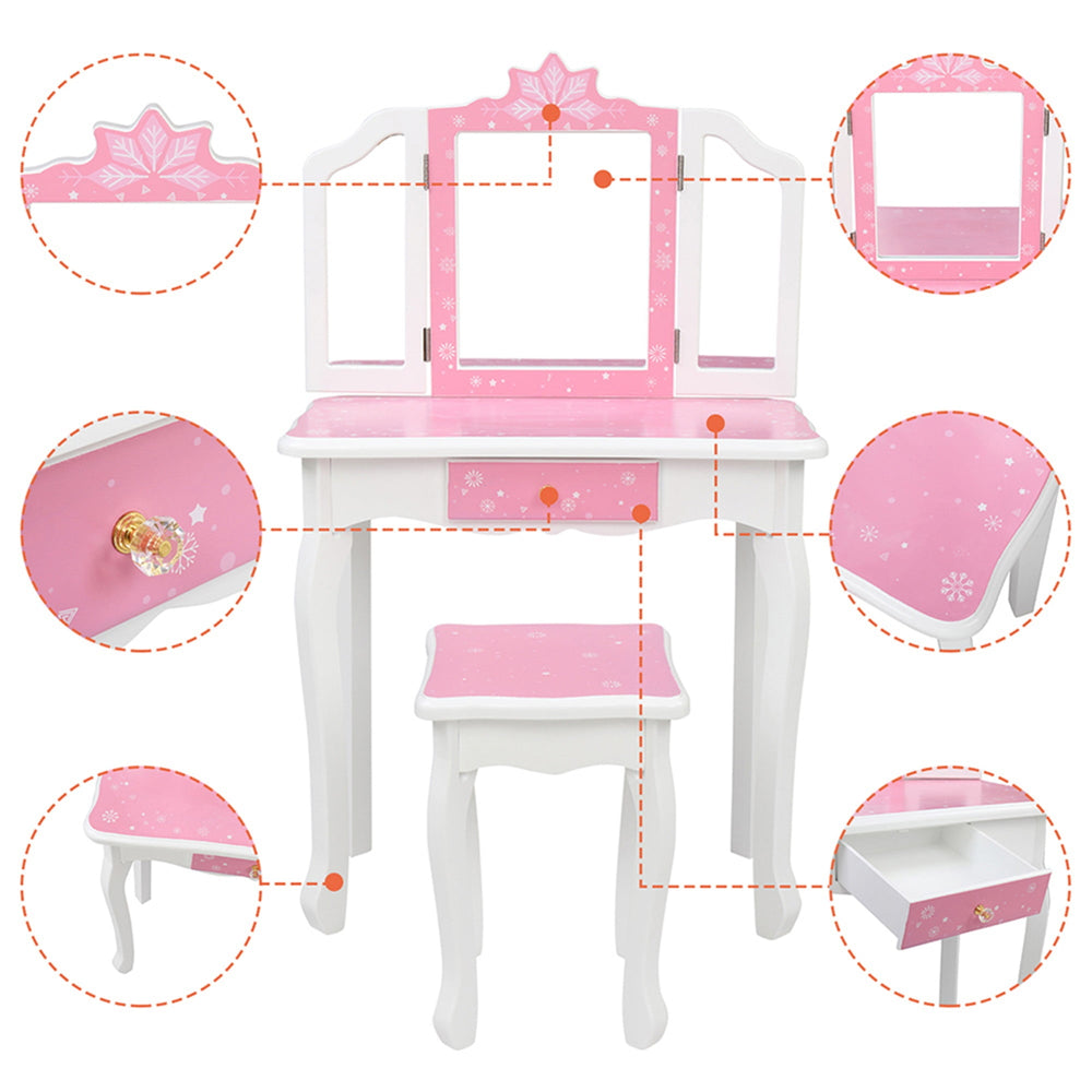 Hommoo Vanity Table and Chair Set, Childrens Wooden Dressing Table Three-Sided Folding Mirror Dressing Table, White Image 2