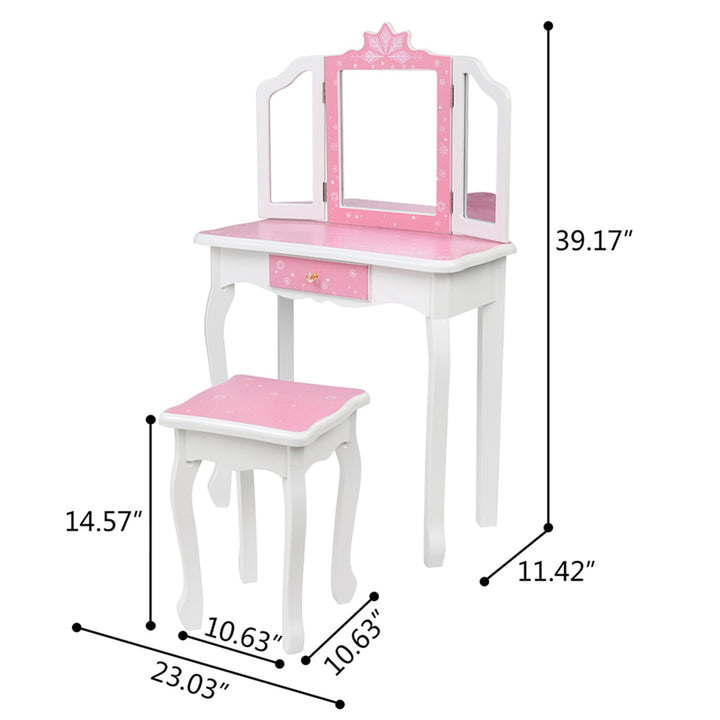 Hommoo Vanity Table and Chair Set, Childrens Wooden Dressing Table Three-Sided Folding Mirror Dressing Table, White Image 3