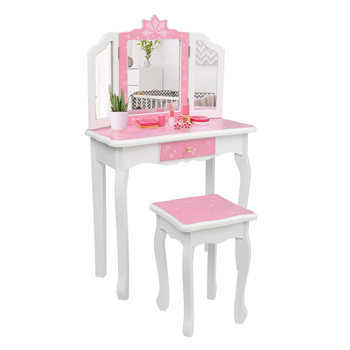 Hommoo Vanity Table and Chair Set, Childrens Wooden Dressing Table Three-Sided Folding Mirror Dressing Table, White Image 4