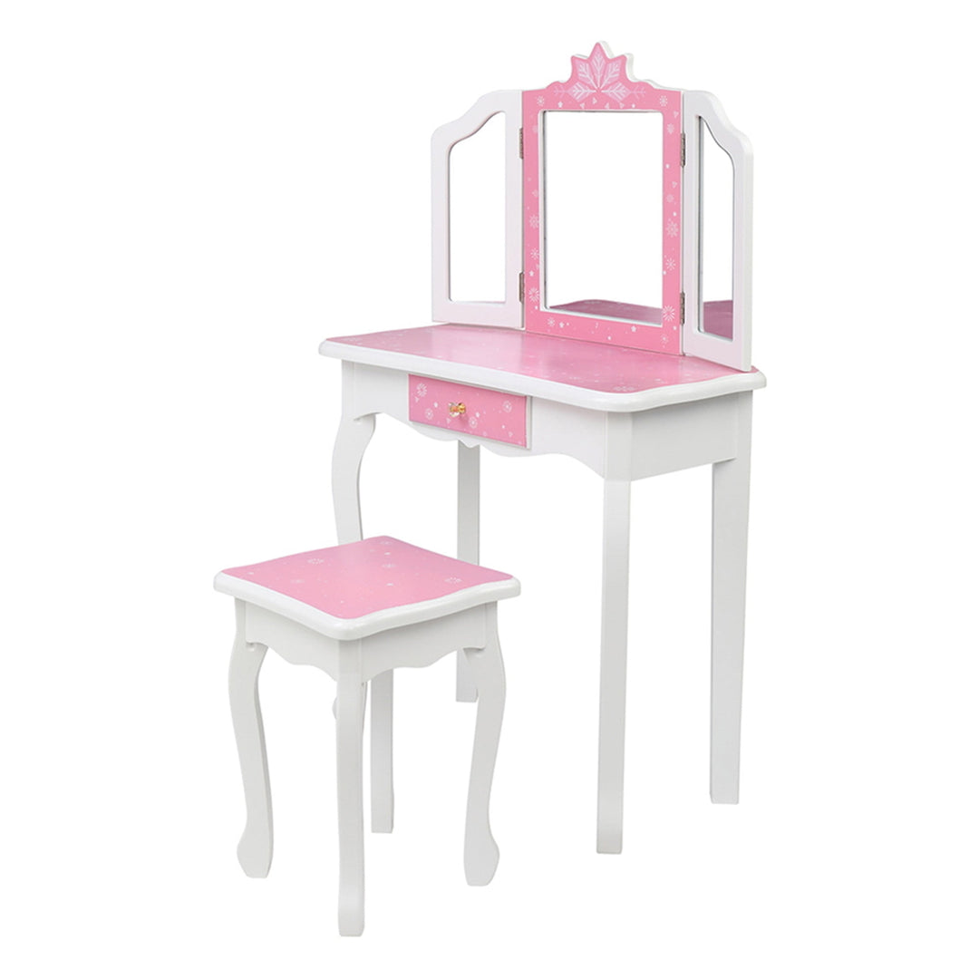 Hommoo Vanity Table and Chair Set, Childrens Wooden Dressing Table Three-Sided Folding Mirror Dressing Table, White Image 6