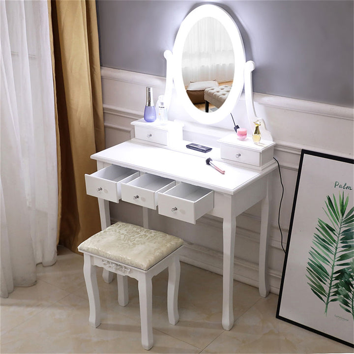 Hommoo Vanity Table and Chair Set with Light Bulb, Make Up Vanity Desk with 5 Drawer, White Image 3