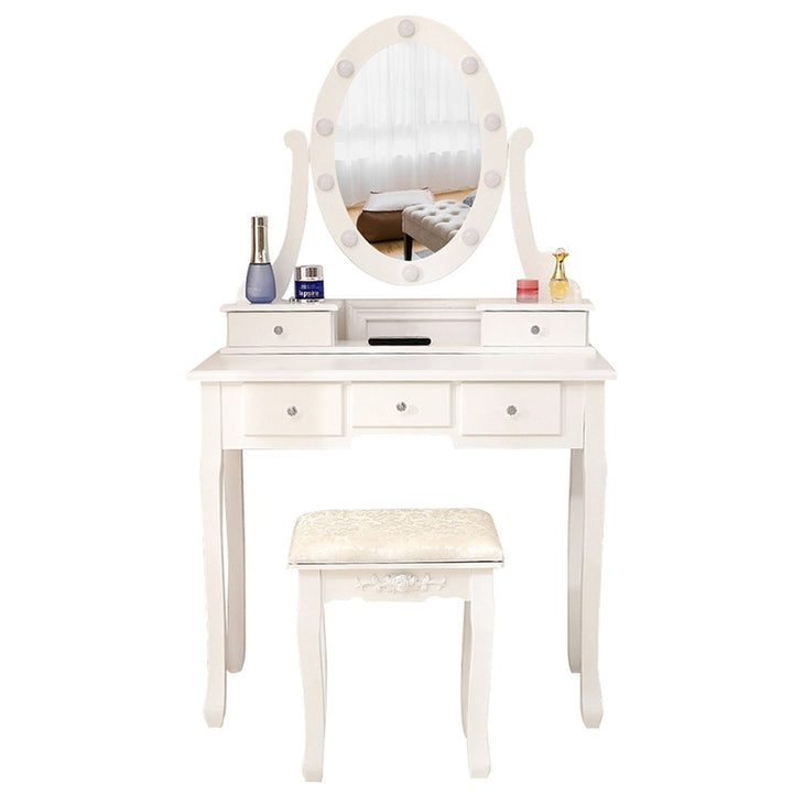 Hommoo Vanity Table and Chair Set with Light Bulb, Make Up Vanity Desk with 5 Drawer, White Image 6