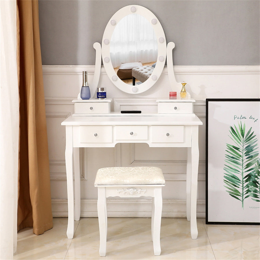 Hommoo Vanity Table Set, Vanity Table and Chair Set with Light Bulb, Make Up Vanity Desk with 5 Drawer, White Image 1